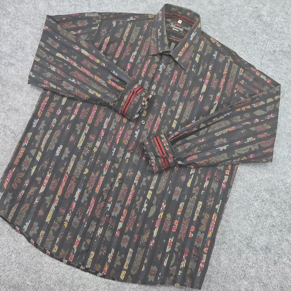 Visconti Uomo Mens XL Tribal Ikat Stripe Button Down Shirt Cotton Modal Charcoal
